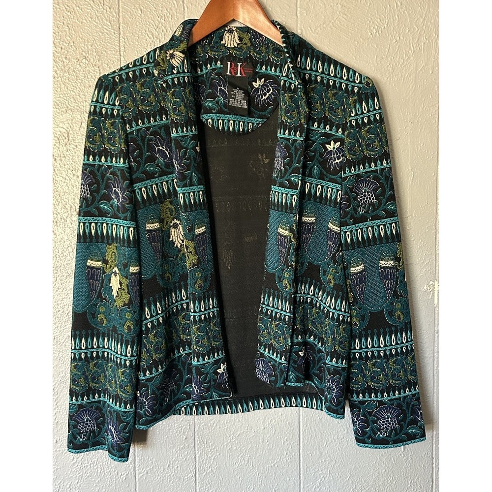 Women's R&K Blue Green Floral Paisley Cardigan‎ Size 8 Formal Elegant Art 2 Wear